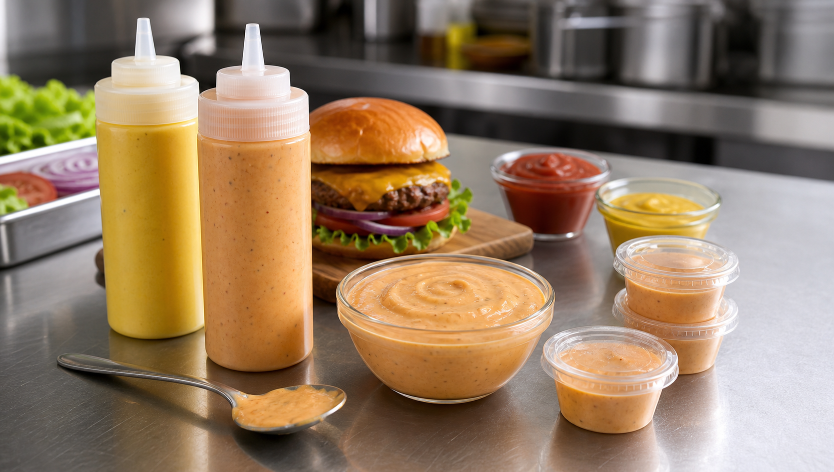 Best burger sauce recipe using salad style mustard with squeeze bottles and portion cups