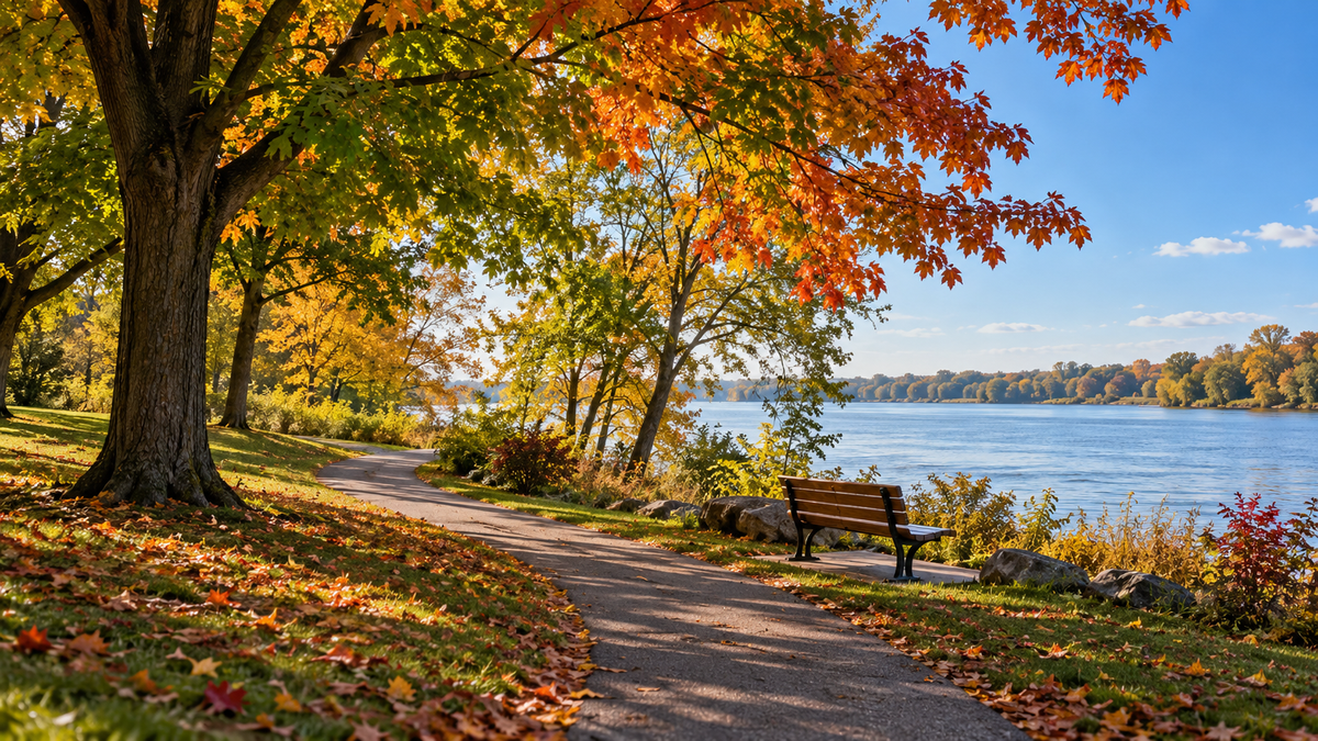 An illustrated autumn riverside path in warm sunshine, with colorful trees and a park bench.