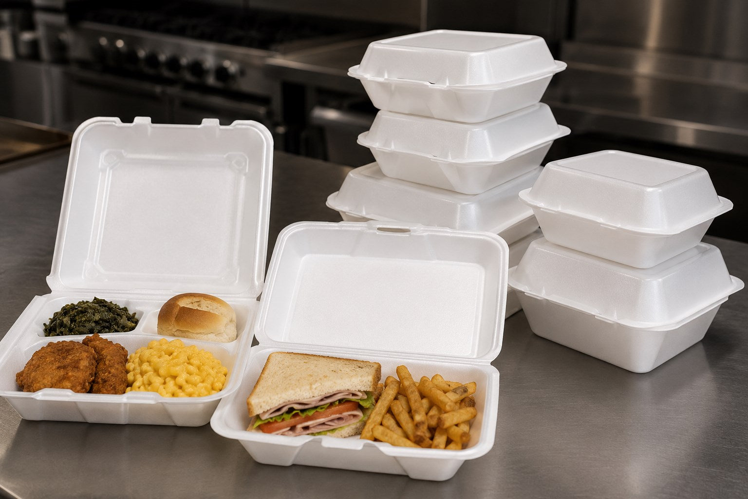 White foam carryout containers with restaurant meals on a commercial kitchen counter