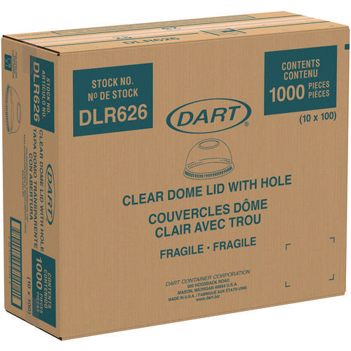 Master carton of 1,000 Dart DLR626 clear dome lids with hole – wholesale packaging printed with product info.