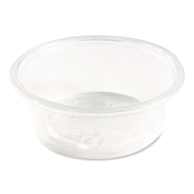 Single 1.5 oz clear polypropylene plastic portion cup from a bulk 2,500/carton pack.