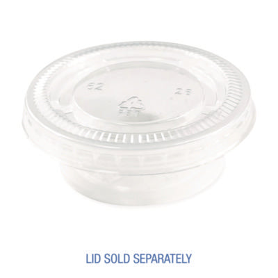 1.5 oz clear polypropylene plastic portion cup with matching clear snap-on lid (sold separately), bulk 2,500/carton.