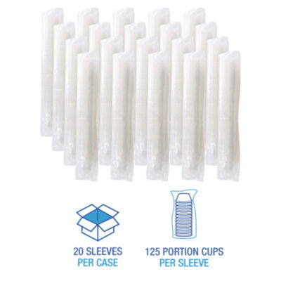 Rows of shrink-wrapped sleeves of 1.5 oz clear polypropylene portion cups—125 cups per sleeve, 20 sleeves per case—with packaging icons indicating quantity.