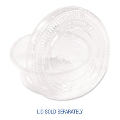 1.5–2 oz clear polypropylene plastic snap-on portion cup lid shown at an angle (sold separately).