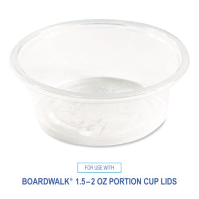 Clear polypropylene plastic snap-on lid designed for 1.5–2 oz portion cups (sold separately).