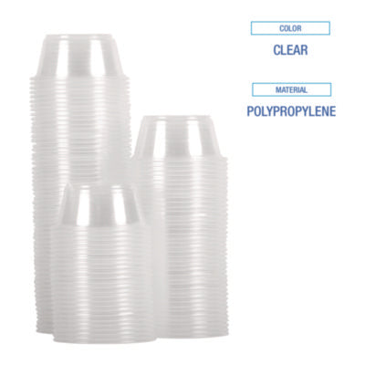 Stacks of 1.5 oz clear polypropylene plastic portion cups with overlaid labels ‘CLEAR’ (color) and ‘POLYPROPYLENE’ (material).