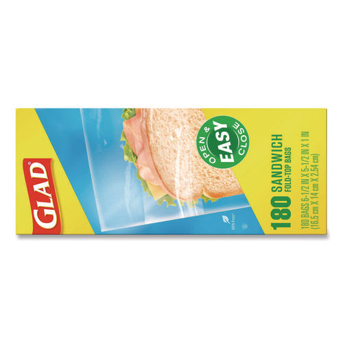 Image 1: Glad Top Fold Sandwich Bags – box of 180 bags, fold-lock sideway view.