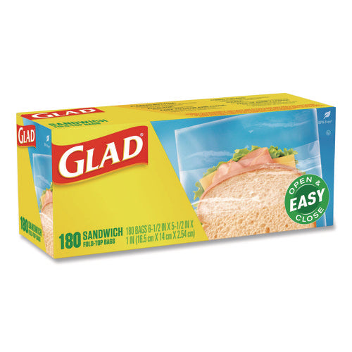 Image 1: Glad Top Fold Sandwich Bags – box of 180 bags, fold-lock front angled view.