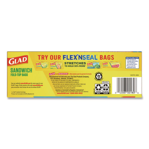 Image 1: Glad Top Fold Sandwich Bags – box of 180 bags, fold-lock rear view.