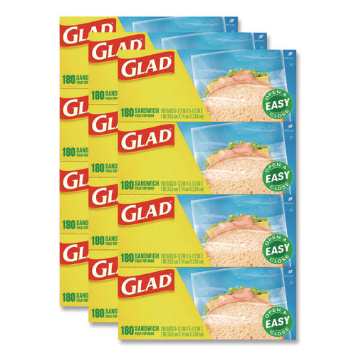 Glad Top Fold Sandwich Bags – bulk case of 12 boxes, 180 bags each, clear food-grade plastic for foodservice use.