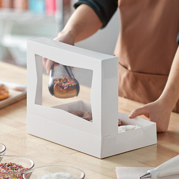 Baker's Mark 12" x 8" x 2 1/4" White Auto-Popup Window Donut / Bakery Box - 200/Case