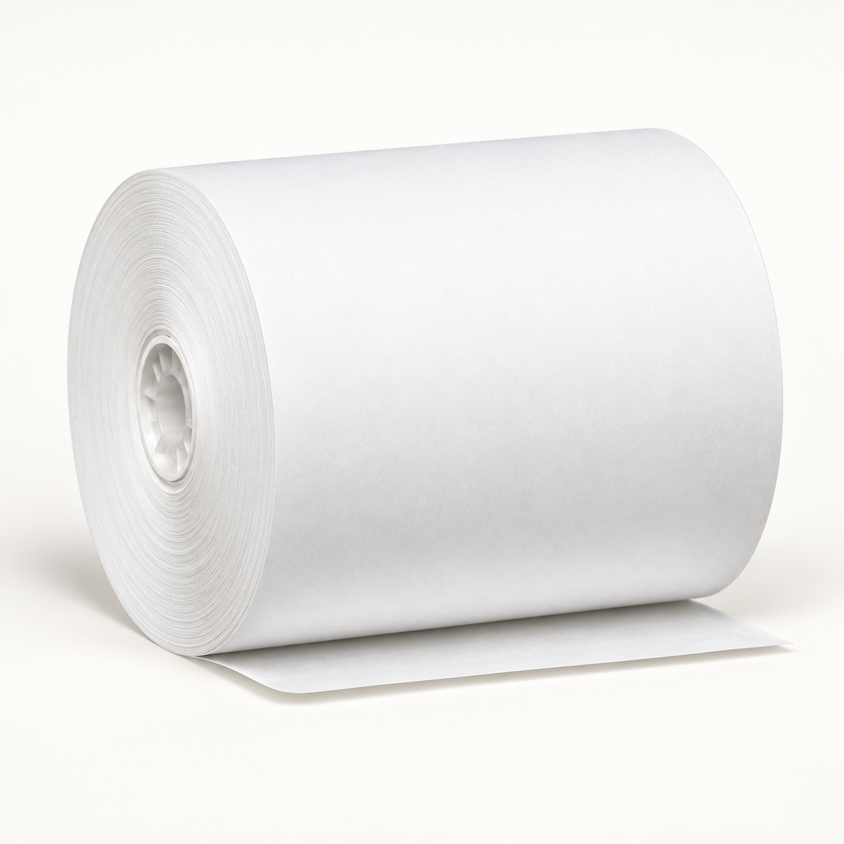 White 3-1/8 inch thermal paper roll showing paper layers and pale core; AI-assisted detail