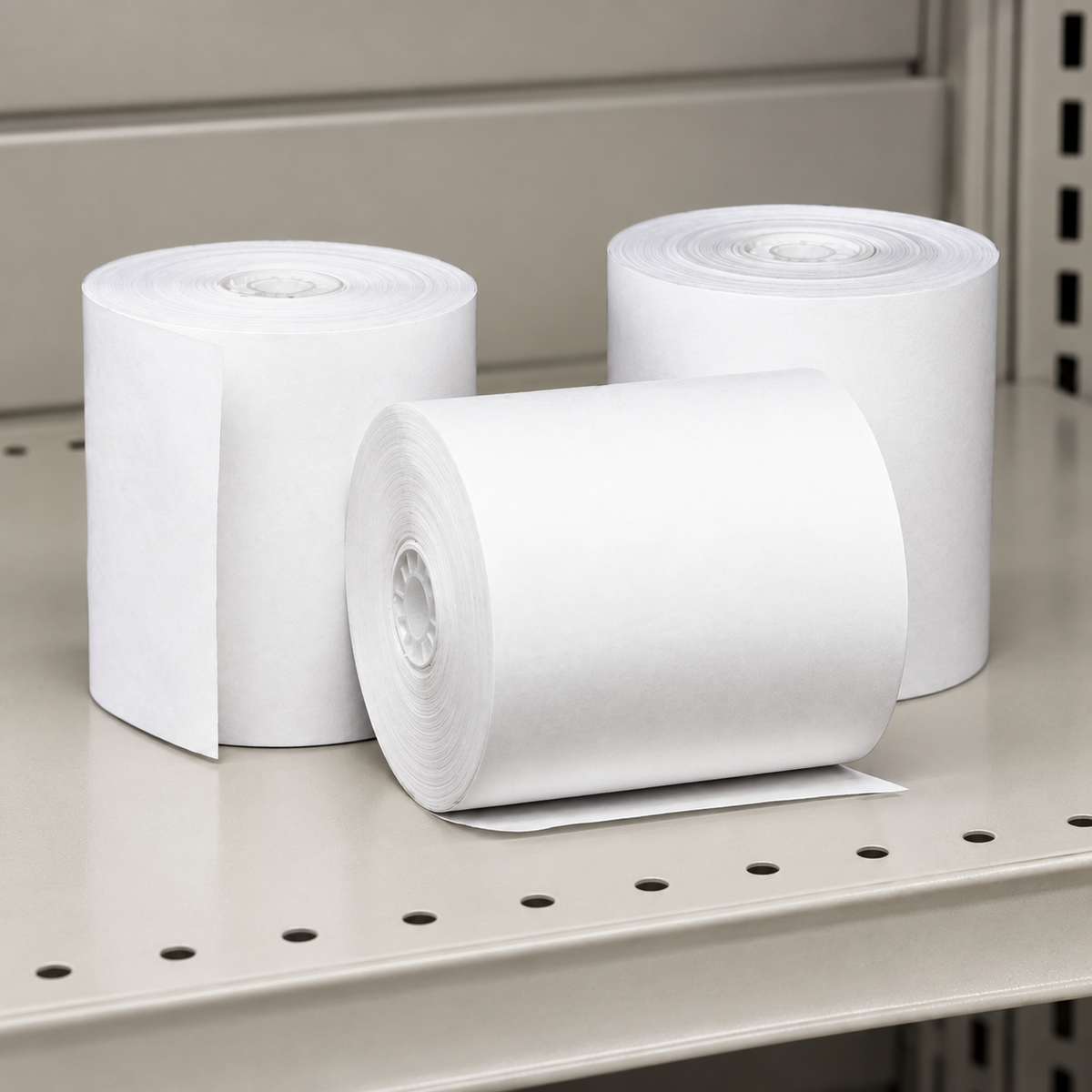 White thermal receipt paper rolls on a commercial supply shelf; AI-assisted context, 50 rolls per carton