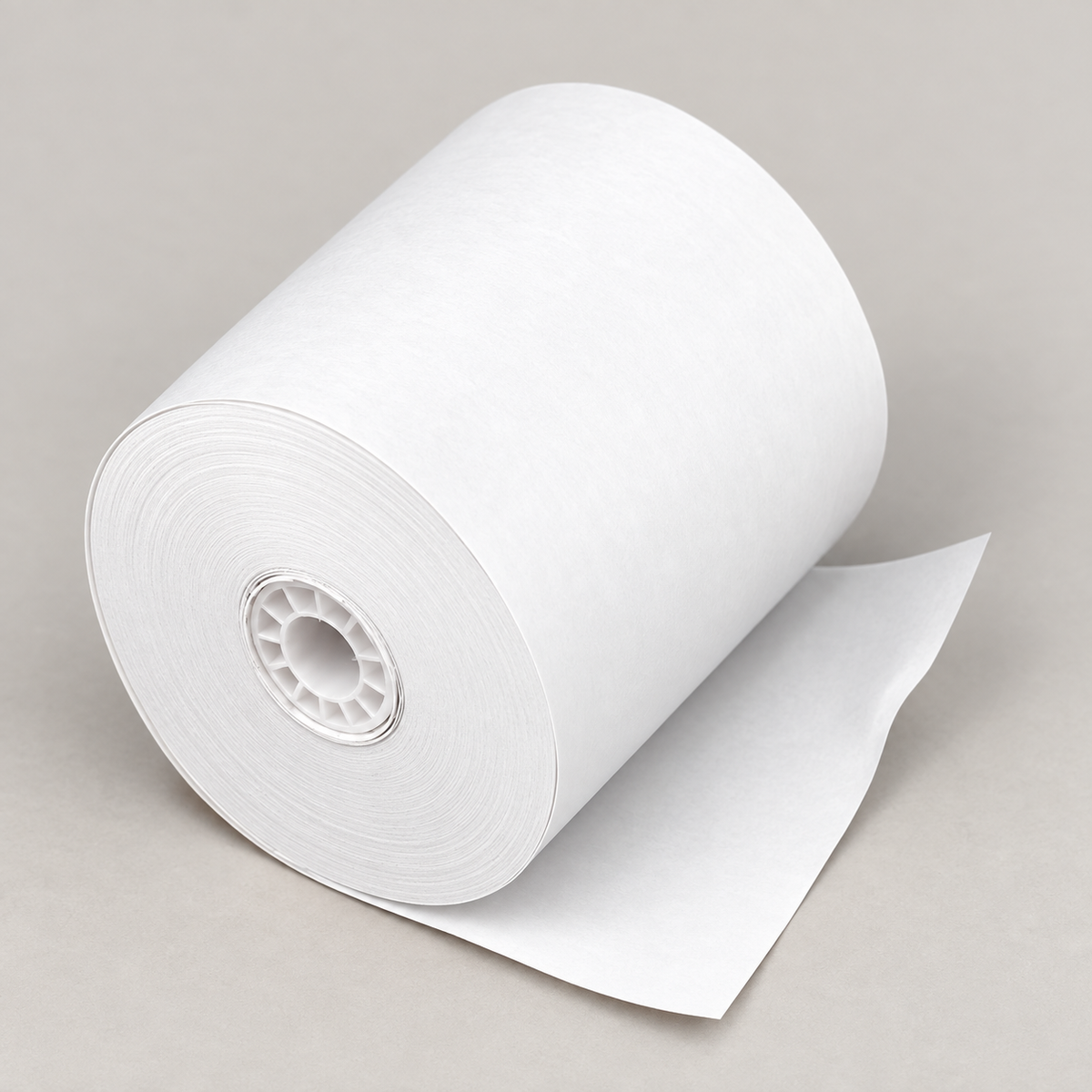 3 inch white bond paper roll showing paper layers and core; AI-assisted detail view