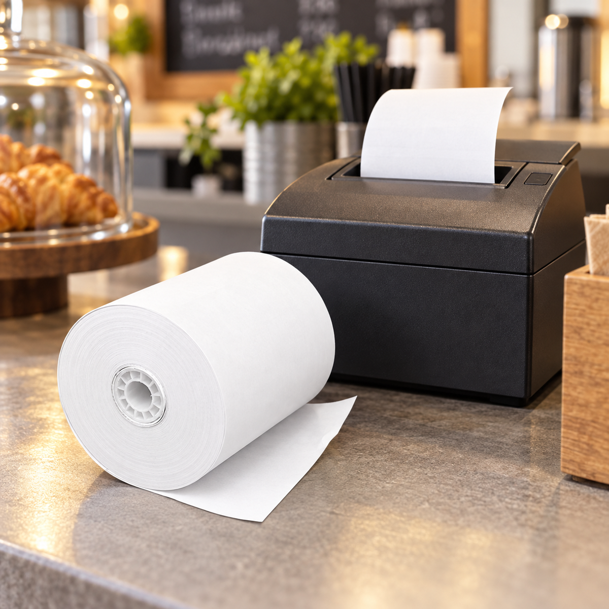 White bond paper roll at a receipt station; AI-assisted example, printer not included and model fit not verified