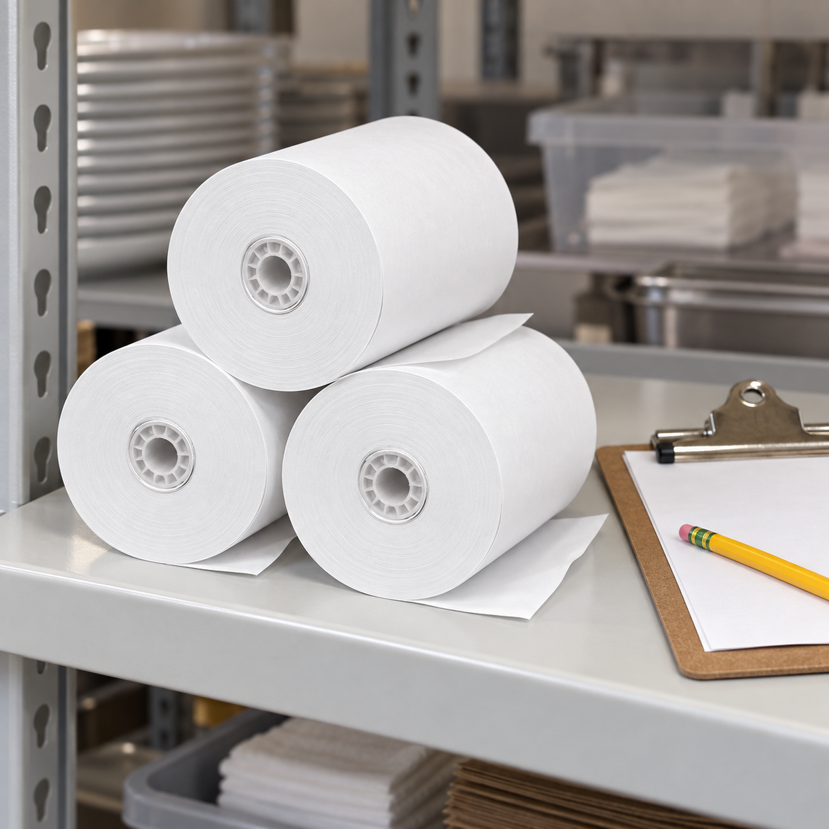 White bond paper rolls on a commercial supply shelf; AI-assisted context, 50 rolls per carton