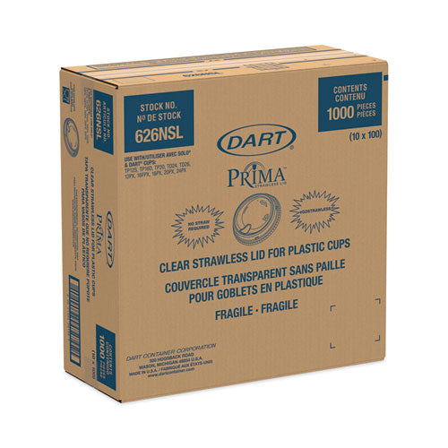 Master carton of 1,000 Dart 626NSL clear straw‑less lids for plastic cups.