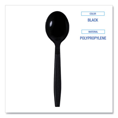 Karat black individually wrapped polypropylene teaspoon close up for foodservice cutlery