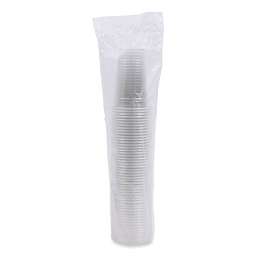 Stack of 20 oz clear PET cups – wholesale packaging for cafés, juice bars & restaurants.