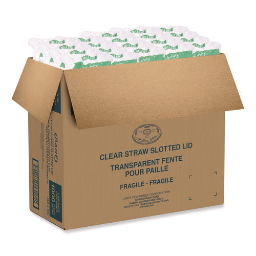 Carton of DART 626TS clear straw slotted lids – 1,000 crack-resistant PET lids per case, labeled “Clear Straw Slotted Lid”