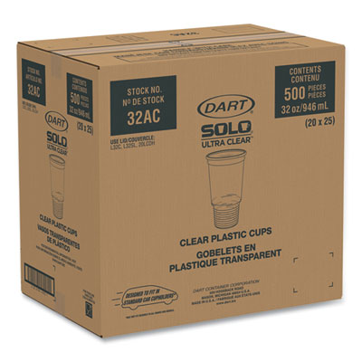Dart 32AC 32 oz clear PET plastic cold cups bulk case display