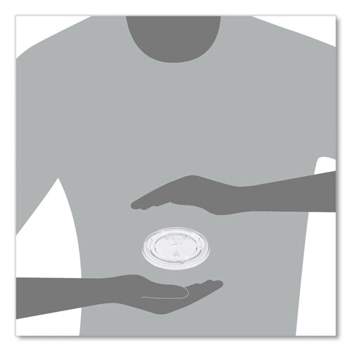 626TS clear slotted lid shown in front of human silhouette for scale – 98 mm diameter fits 12‑24 oz PET cups.