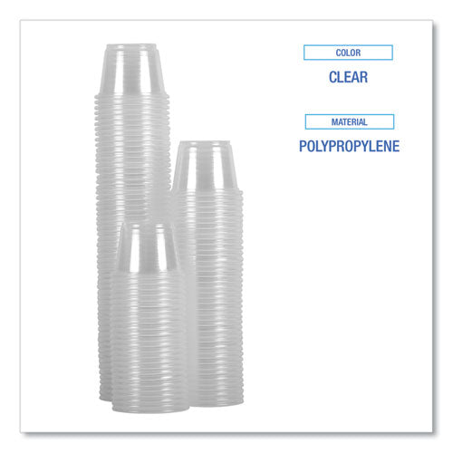Stacks of 1 oz clear polypropylene plastic portion cups with overlaid labels ‘CLEAR’ (color) and ‘POLYPROPYLENE’ (material).
