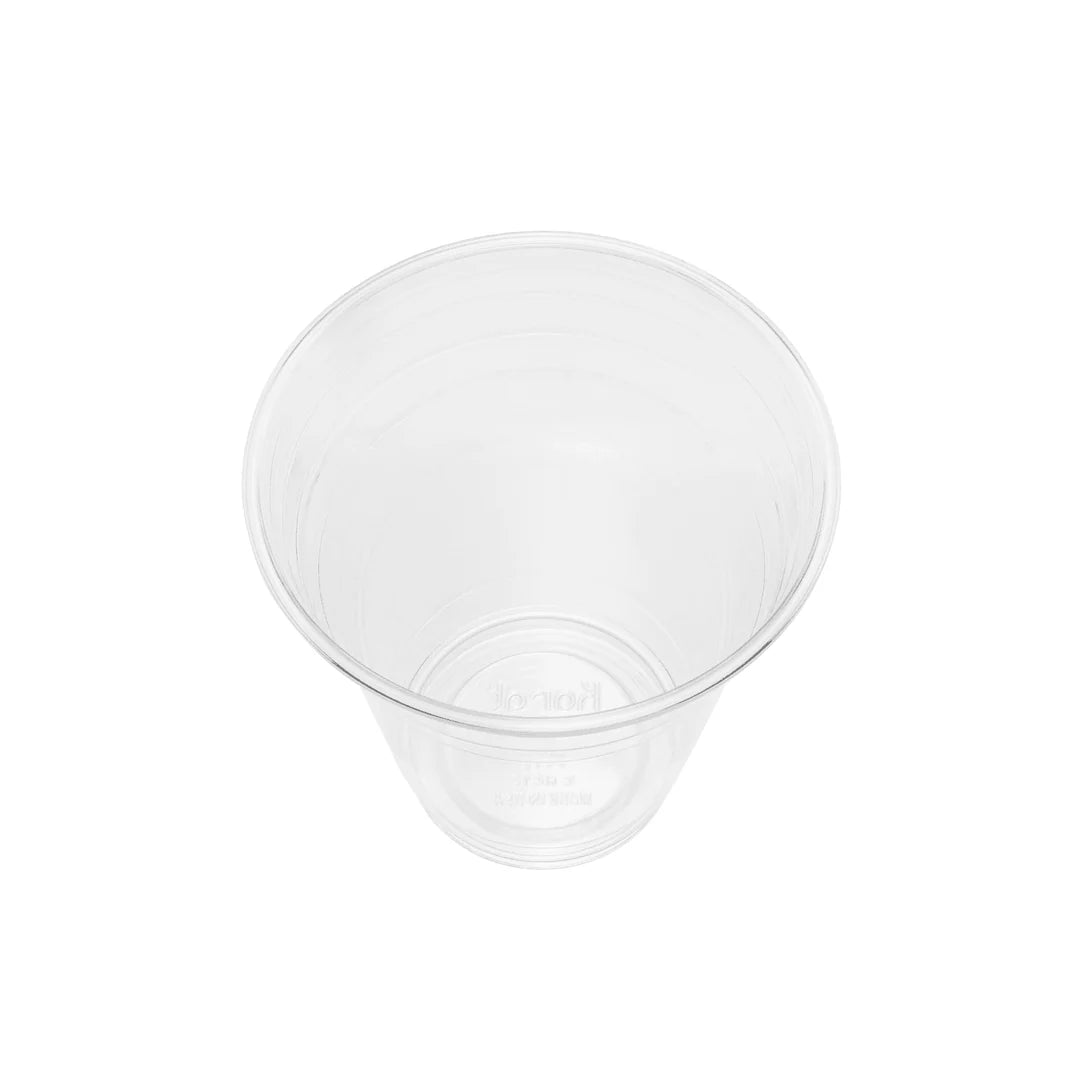 Top view of 12 oz clear PET plastic cold drink cup – crystal-clear recyclable cup for beverages