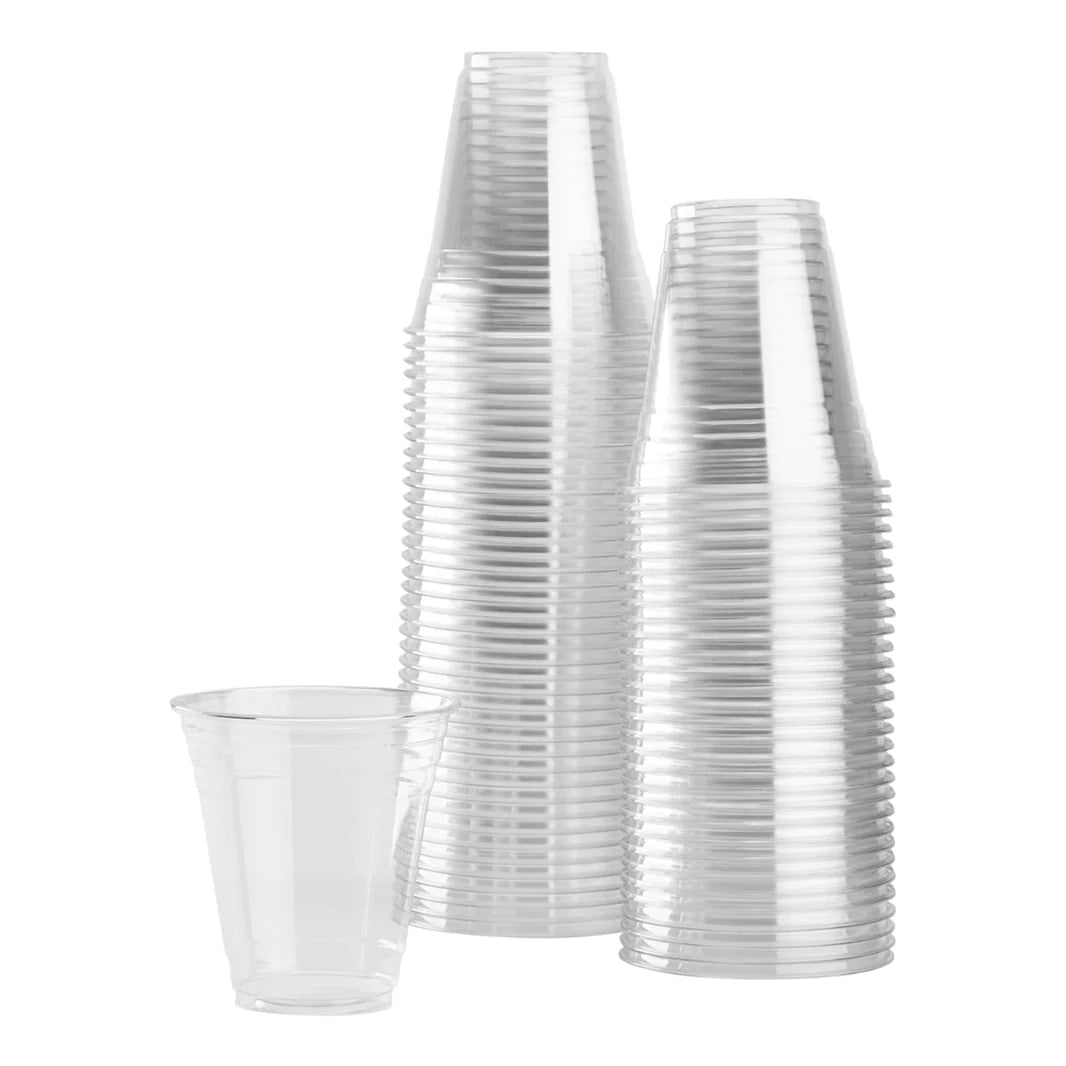 Stack of 12 oz clear PET plastic cold drink cups – wholesale case of 1,000 for cafés and restaurants.