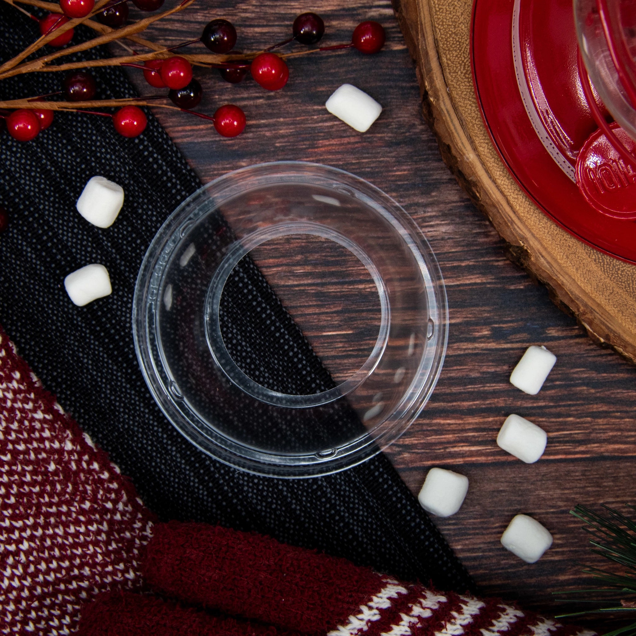Dart DLW626 clear dome lid displayed on rustic table with marshmallows, holiday scene