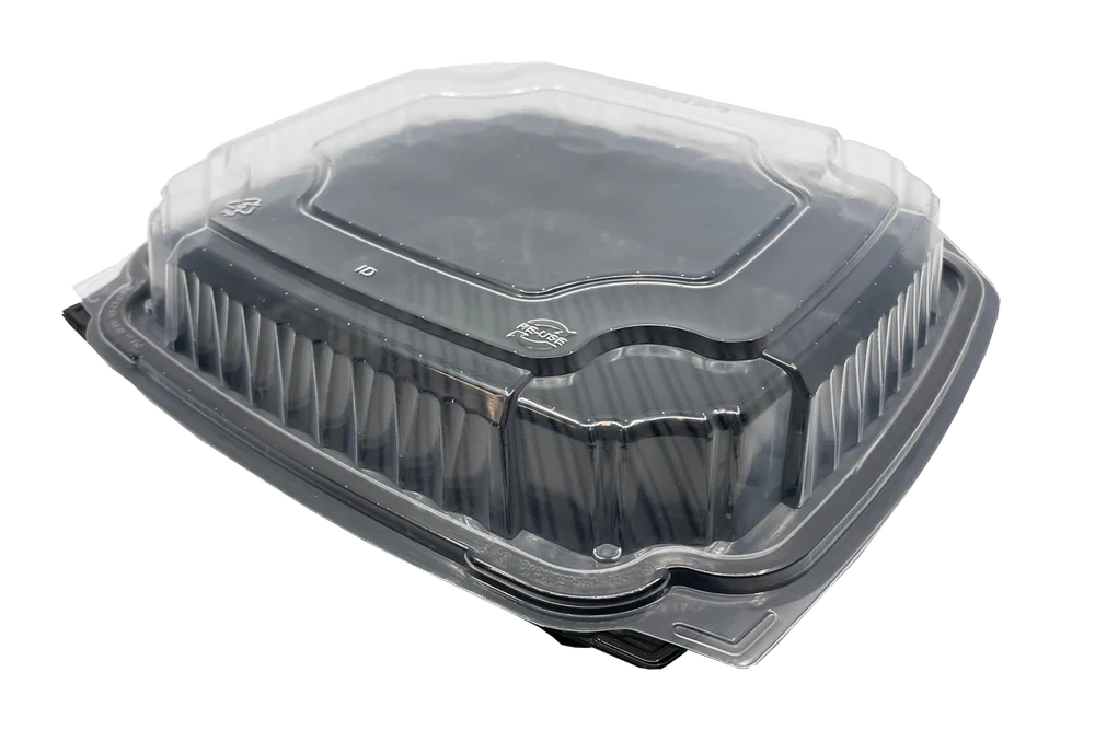 EcoView PVS101-BK black 1 compartment hinged takeout container with clear vented lid 10.5 x 9.5 x 2.8 150 case