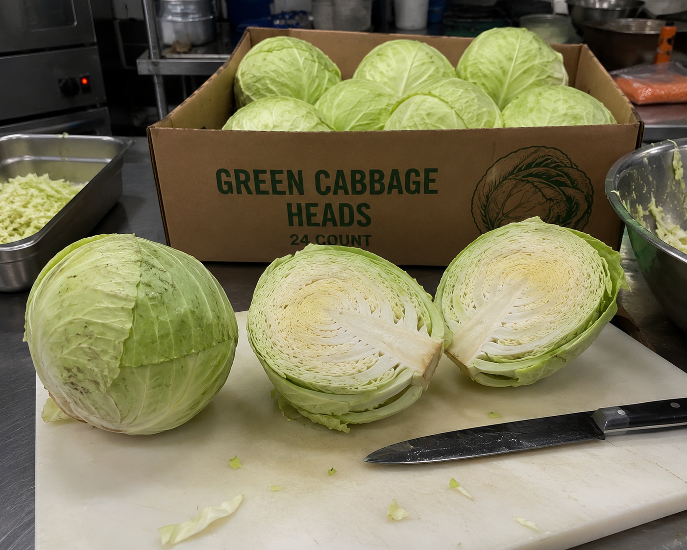 Green cabbage cut in half showing fresh produce detail
