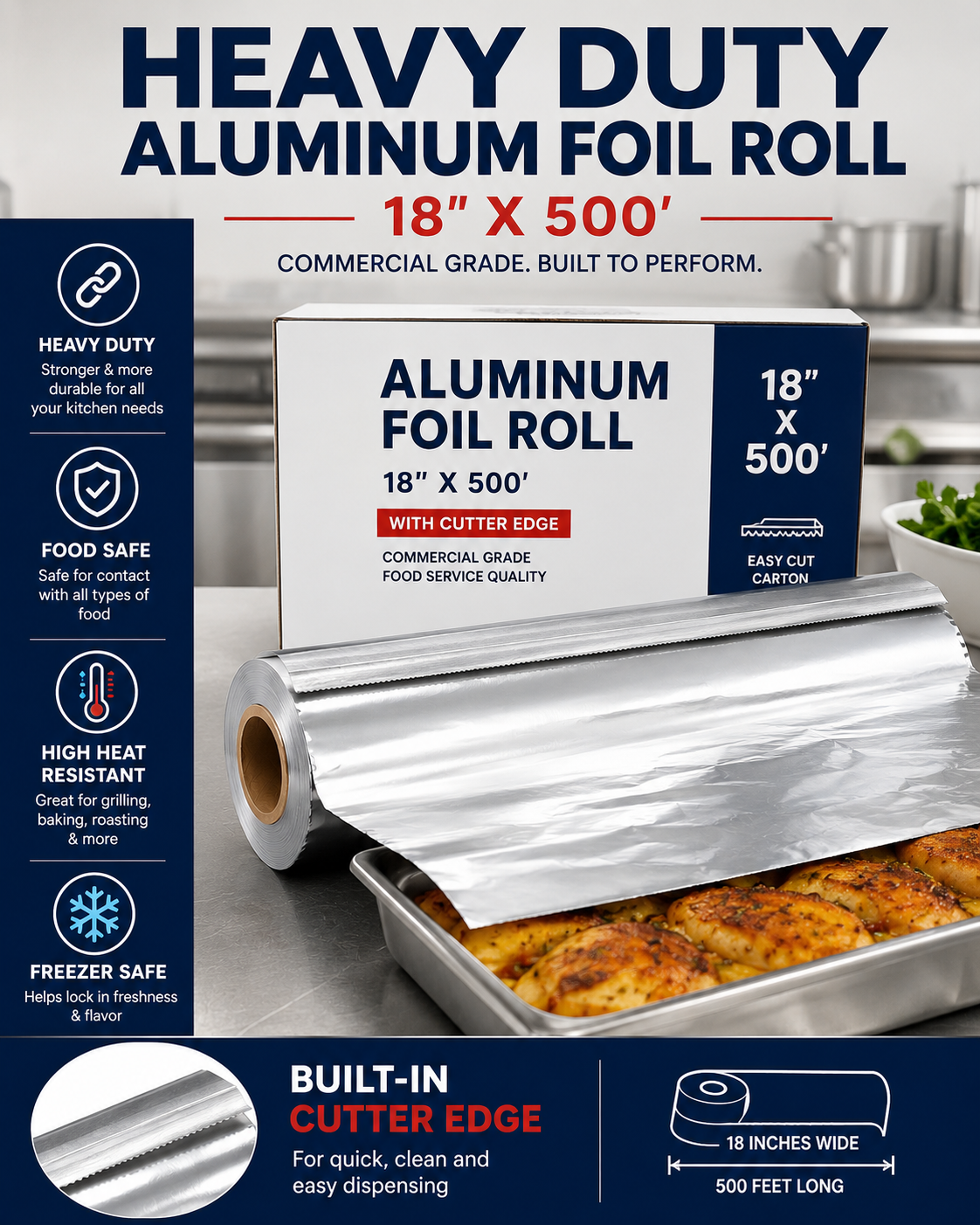 Heavy Duty Aluminum Foil Roll 18" x 500' with Cutter Edge