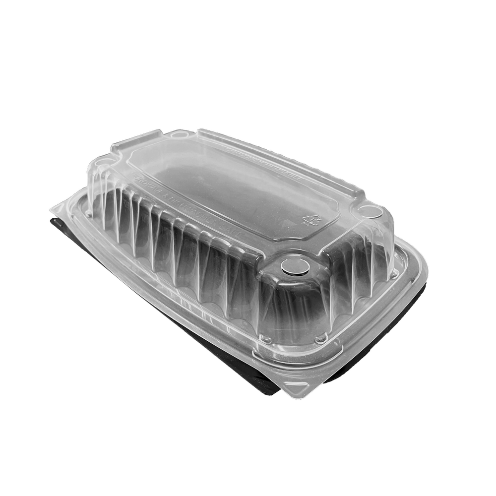 EcoVeiw Black Hinged Takeout Container with Clear Lid 9.76" x 6.54" x 3.31" 280/Case