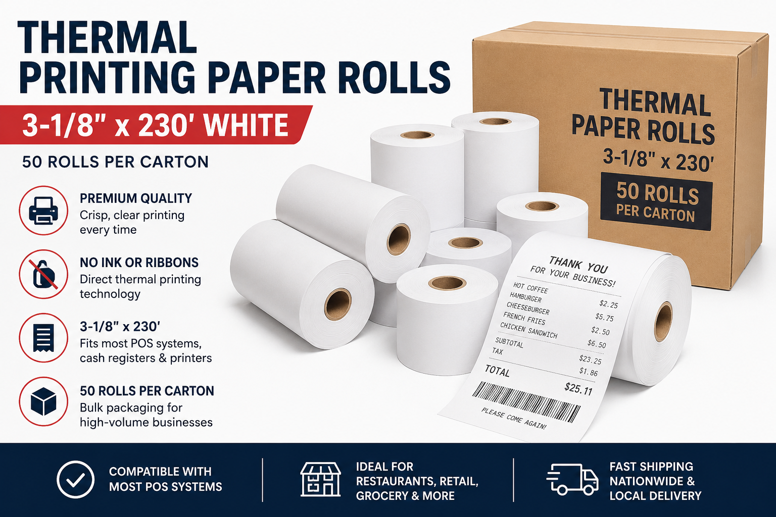 Thermal Printing Paper Rolls 3-1/8" x 230' White | 50 Rolls per Carton