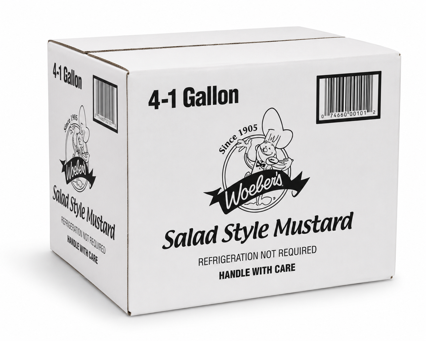 Woeber's yellow salad style mustard case pack with four 1 gallon containers