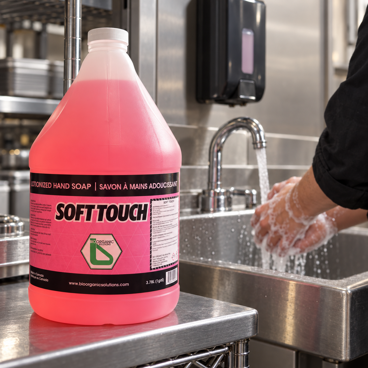 Soft Touch 1-gallon hand soap beside a commercial handwashing station; dispenser sold separately