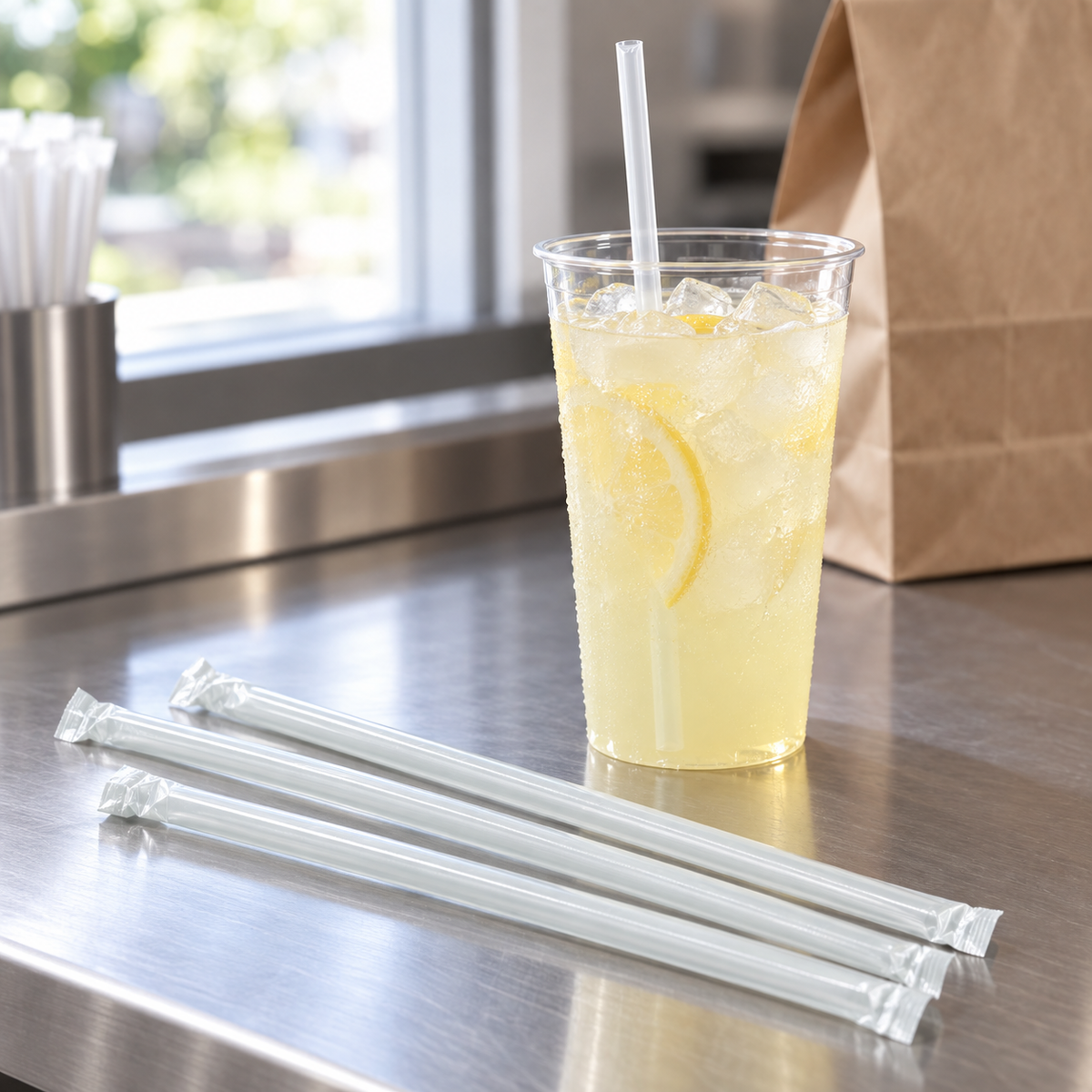 Boardwalk clear wrapped giant straws beside a cold drink at a pickup counter