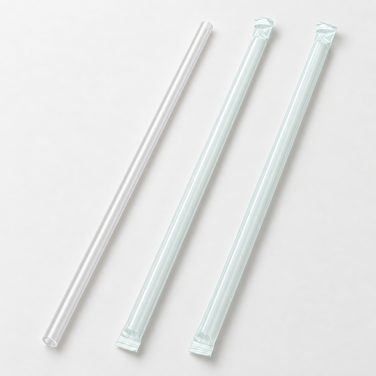 Boardwalk 10.25-inch clear giant straws showing an unwrapped straw beside two individually wrapped straws