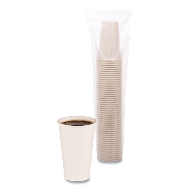 Boardwalk BWKWHT16HCUP 16 oz white paper hot cup beside a clear protective sleeve of nested cups; coffee shown for illustration