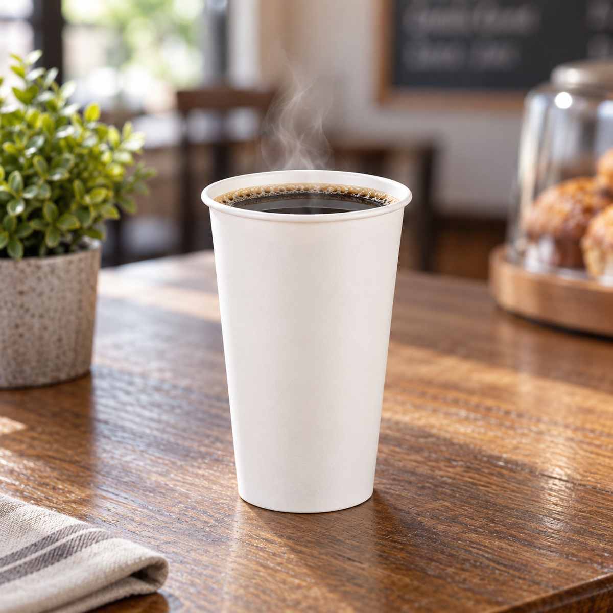 AI-assisted café scene with a Boardwalk-style 16 oz white paper cup of coffee; beverage and props not included