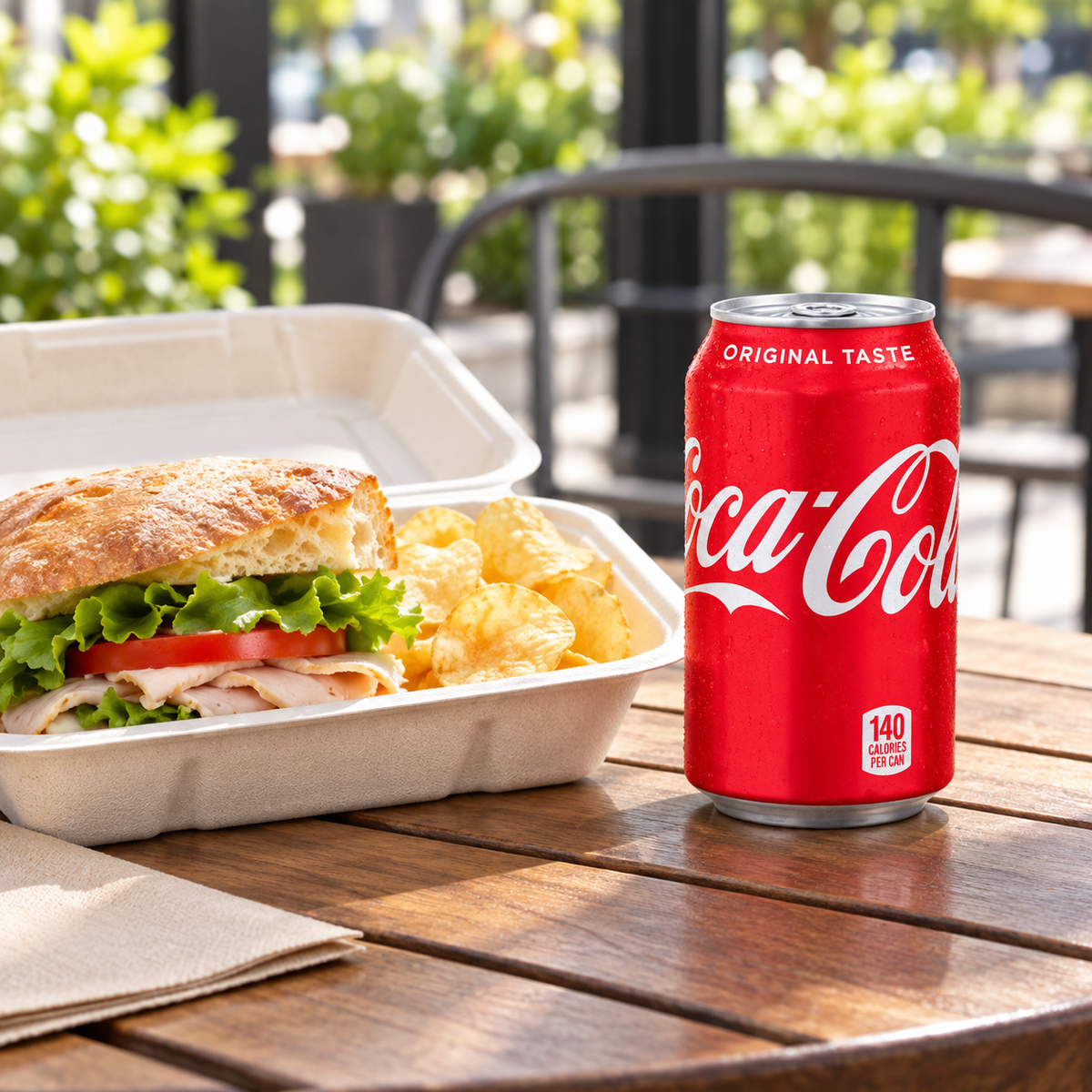 AI-assisted serving suggestion: Coca-Cola Original Taste 12 fl oz can with lunch; food not included