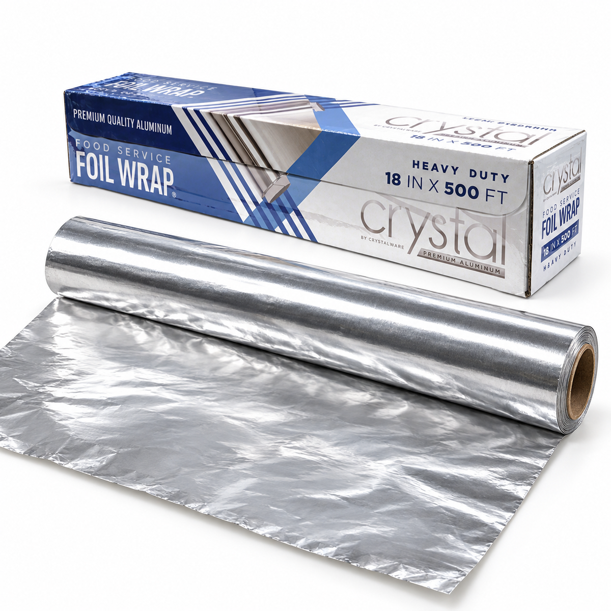 Crystalware F18500HD silver aluminum foil roll partially unrolled beside its 18 inch by 500 foot cutter box