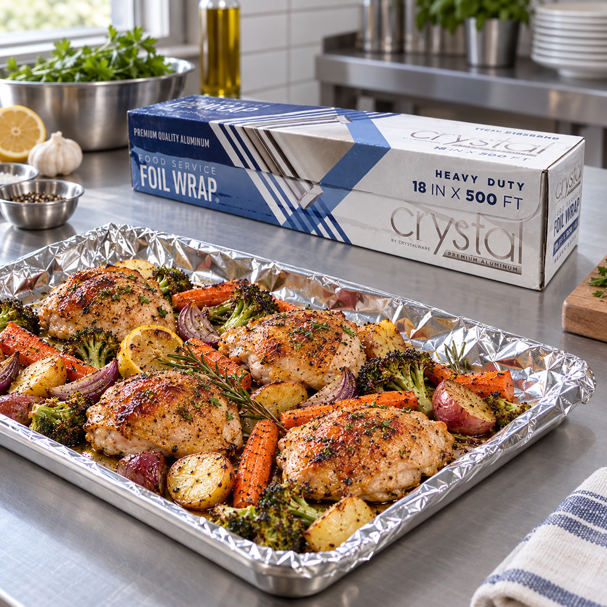 Crystalware 18 inch heavy duty foil lining a roasting pan with chicken and vegetables in a commercial kitchen