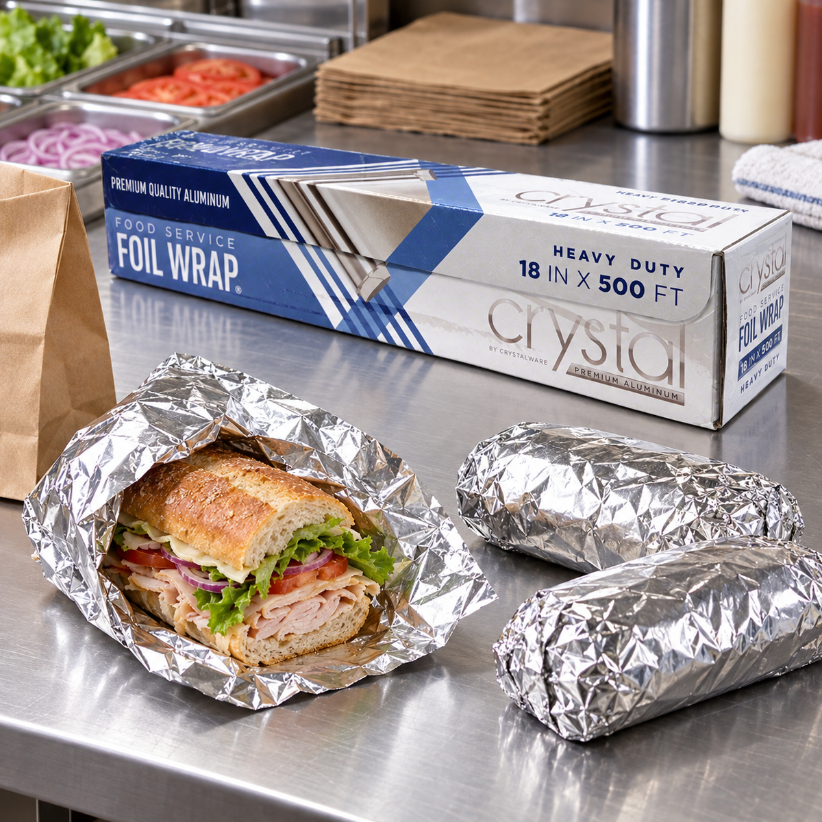 Crystalware F18500HD aluminum foil used to wrap sandwiches on a stainless steel food-packing counter