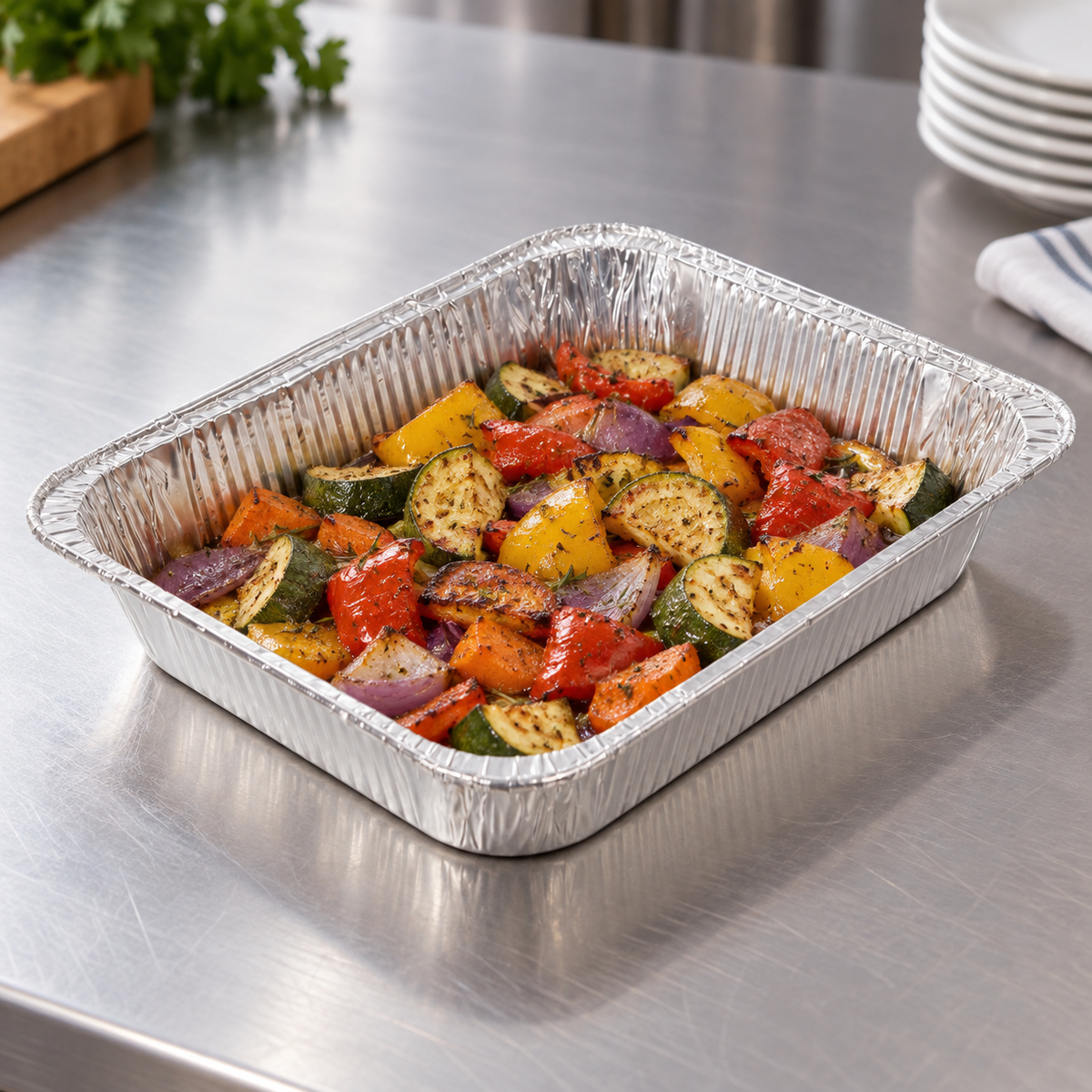 Crystalware FHSM100HD half-size medium foil pan with illustrative roasted vegetables, AI-assisted scene