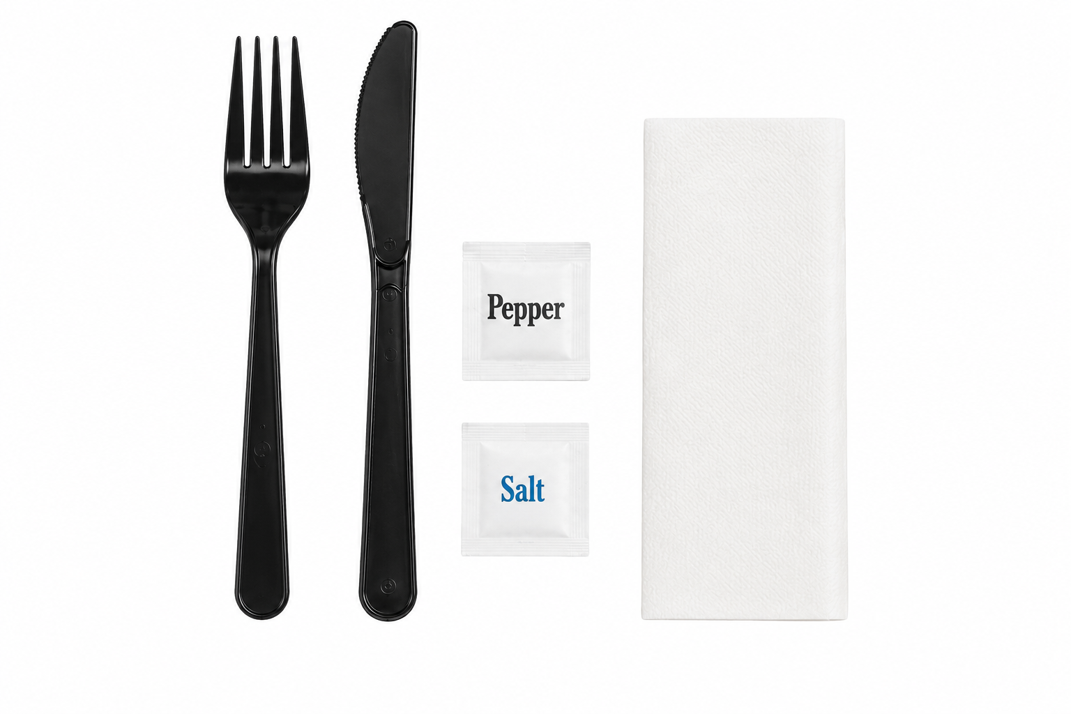 Crystalware SL5PBFKNSP250 black 5-piece cutlery kit with fork, knife, teaspoon, condiment service, and napkin, 250/carton