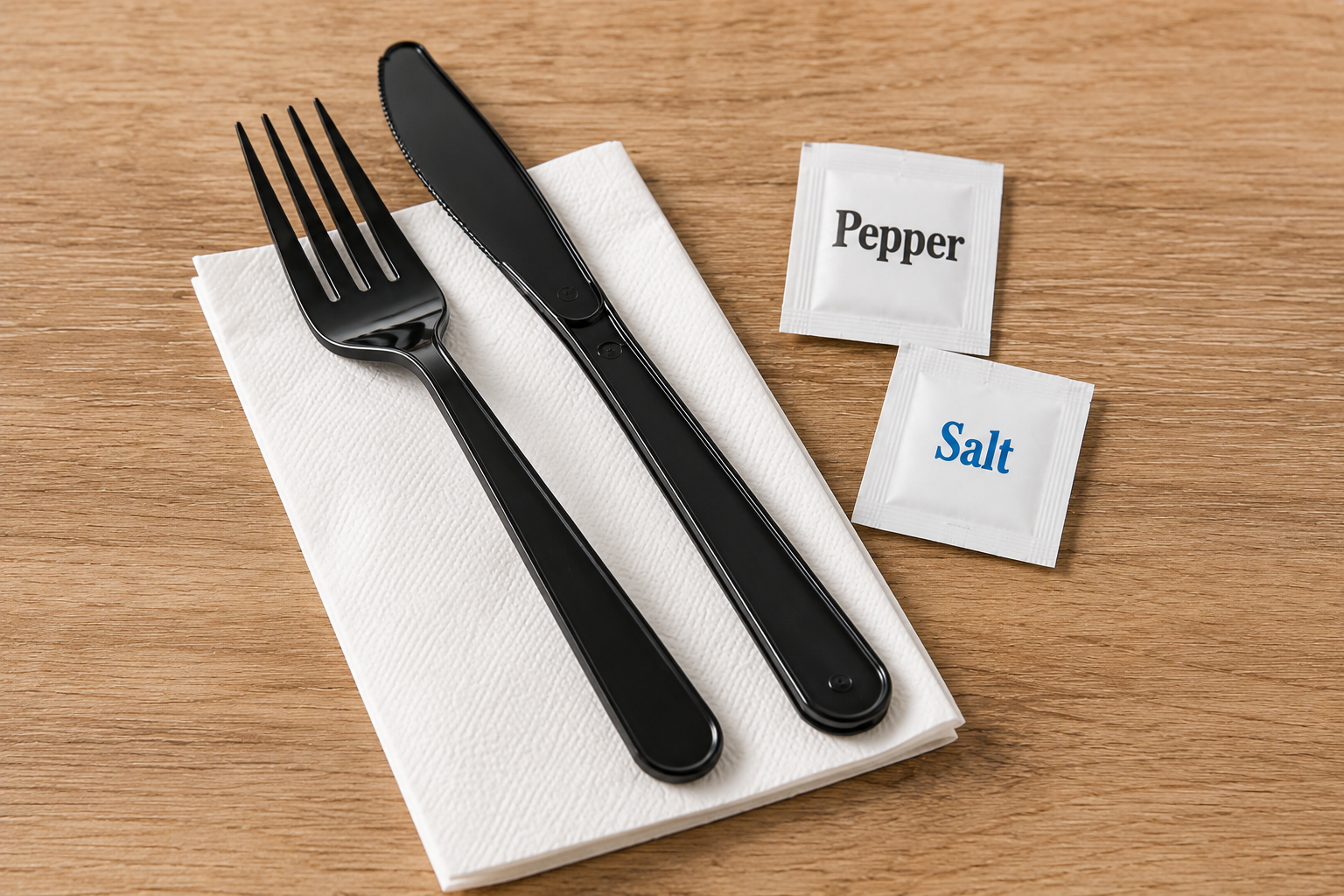 Crystalware SL5PBFKNSP250 black 5-piece cutlery kit alternate view showing packaged meal-service utensils
