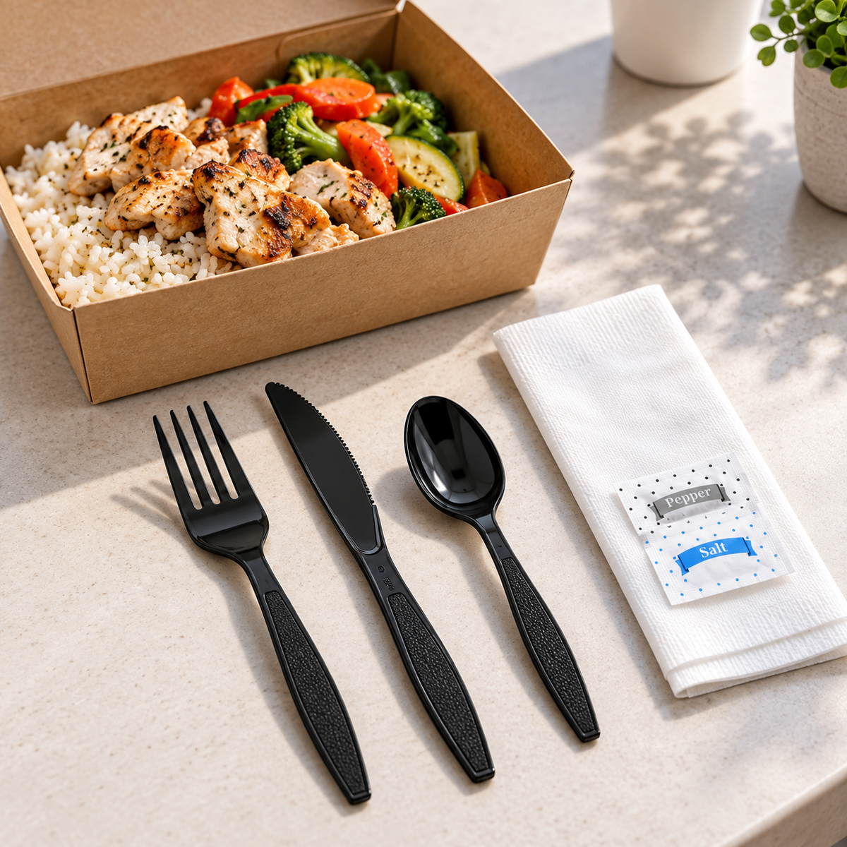 Crystalware Sleek black cutlery kit beside a takeout lunch in an AI-assisted meal setting; food sold separately