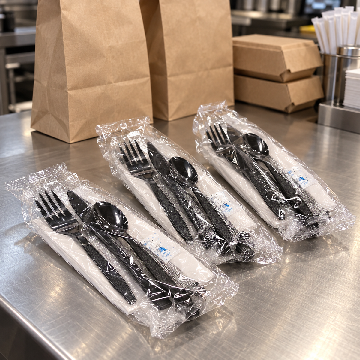 Individually wrapped Crystalware black cutlery kits at a restaurant packing counter in an AI-assisted scene